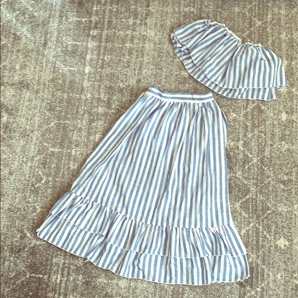 blue and white striped two piece set